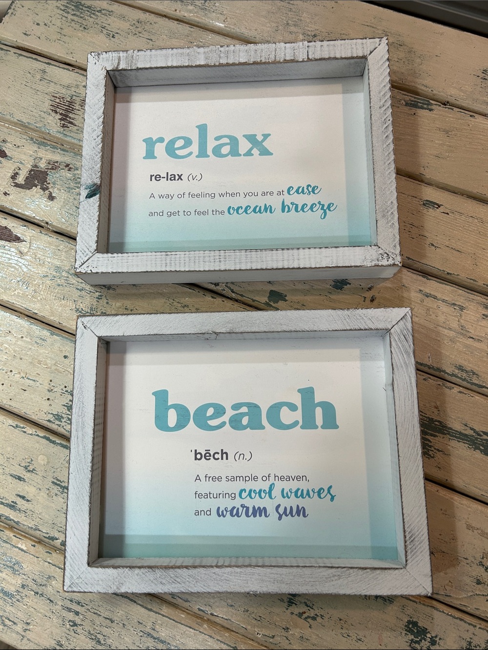 Set of 2 Coastal 'Relax' & 'Beach' Framed Wall Art Signs - Aqua Blue